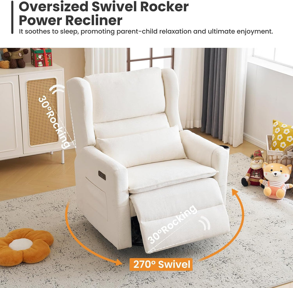 Oversized Swivel Rocker Recliner with Lumbar Cushion, Power Recliner Nursery Chair with Adjustable Headrest, Nursery Glider Recliner for Living Room, White