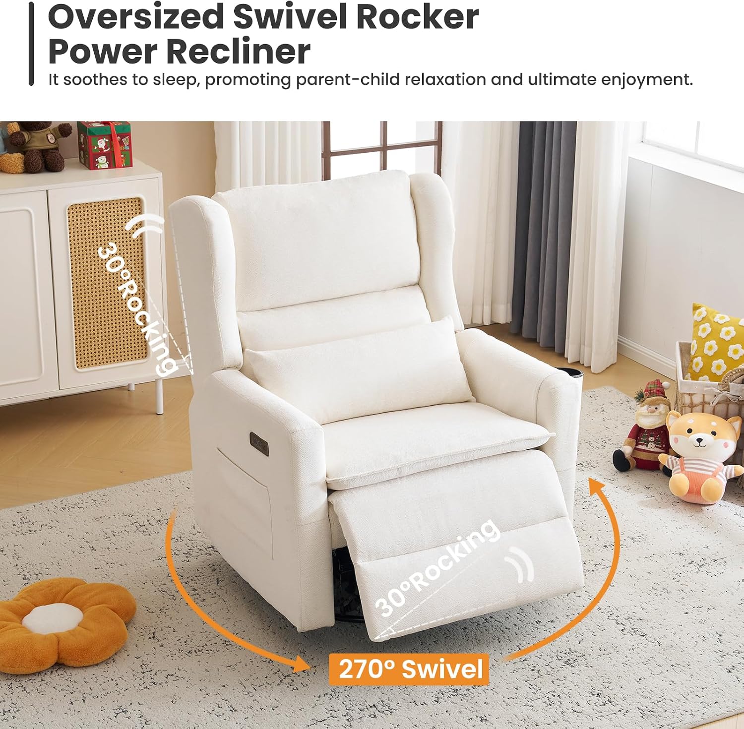 Oversized Swivel Rocker Recliner with Lumbar Cushion, Power Recliner Nursery Chair with Adjustable Headrest, Nursery Glider Recliner for Living Room, White
