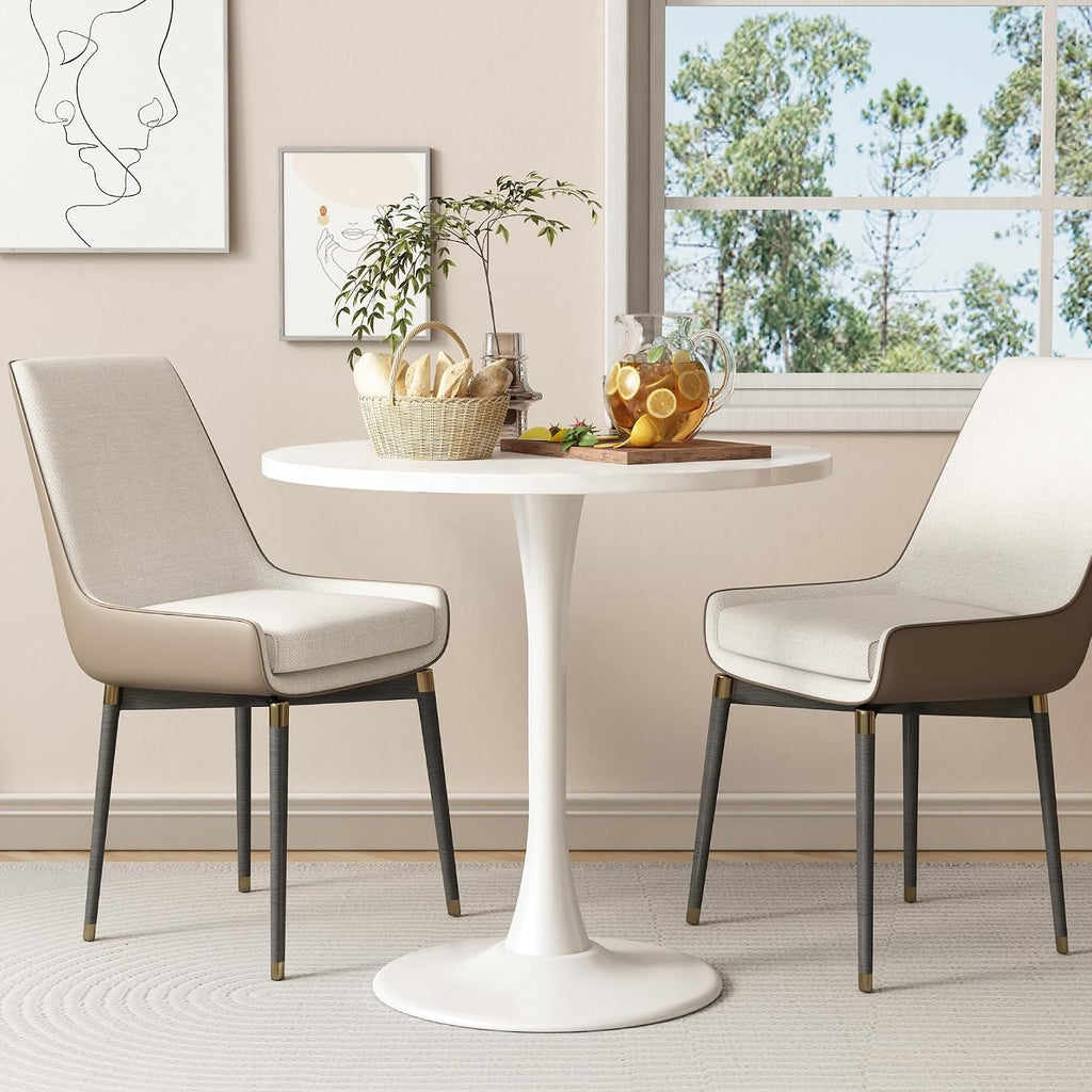 Round Dining Table 30" Circle Tulip Table with Wood Thickened Tabletop & Sturdy Metal Pedestal Mid Century Modern Leisure Bistro Kitchen Tables 4 People Small Places Living Room Cafe,White