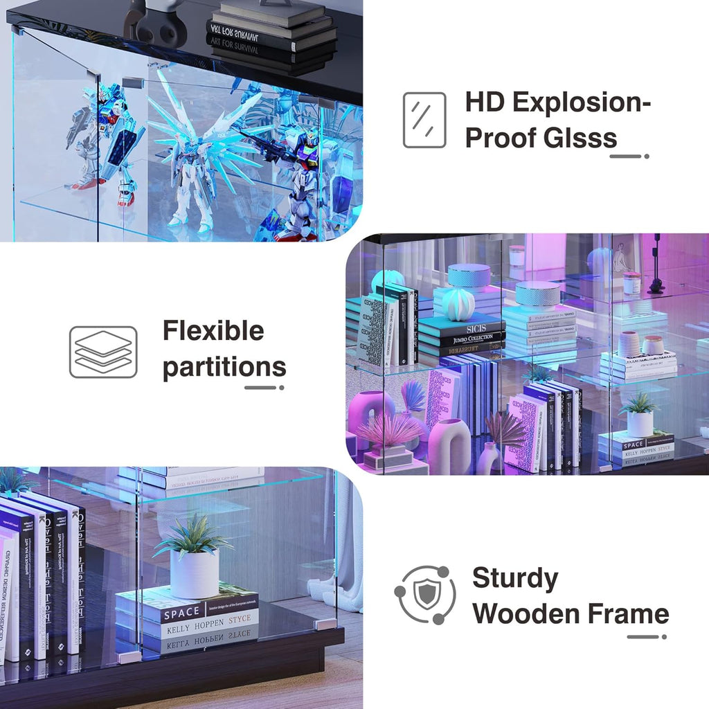 RGB Glass Display Cabinet - with Human Body Sensor, High Gloss Sideboard with Lock & Glass Shelves for Toys, Books, Collectibles, Liquor, Bookcase for Living Room, Kitchen, Study, Black