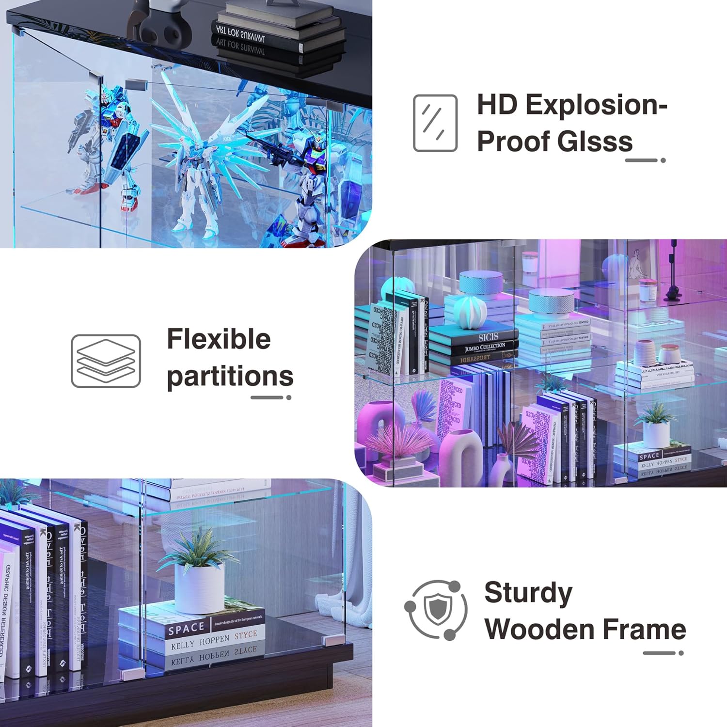 RGB Glass Display Cabinet - with Human Body Sensor, High Gloss Sideboard with Lock & Glass Shelves for Toys, Books, Collectibles, Liquor, Bookcase for Living Room, Kitchen, Study, Black