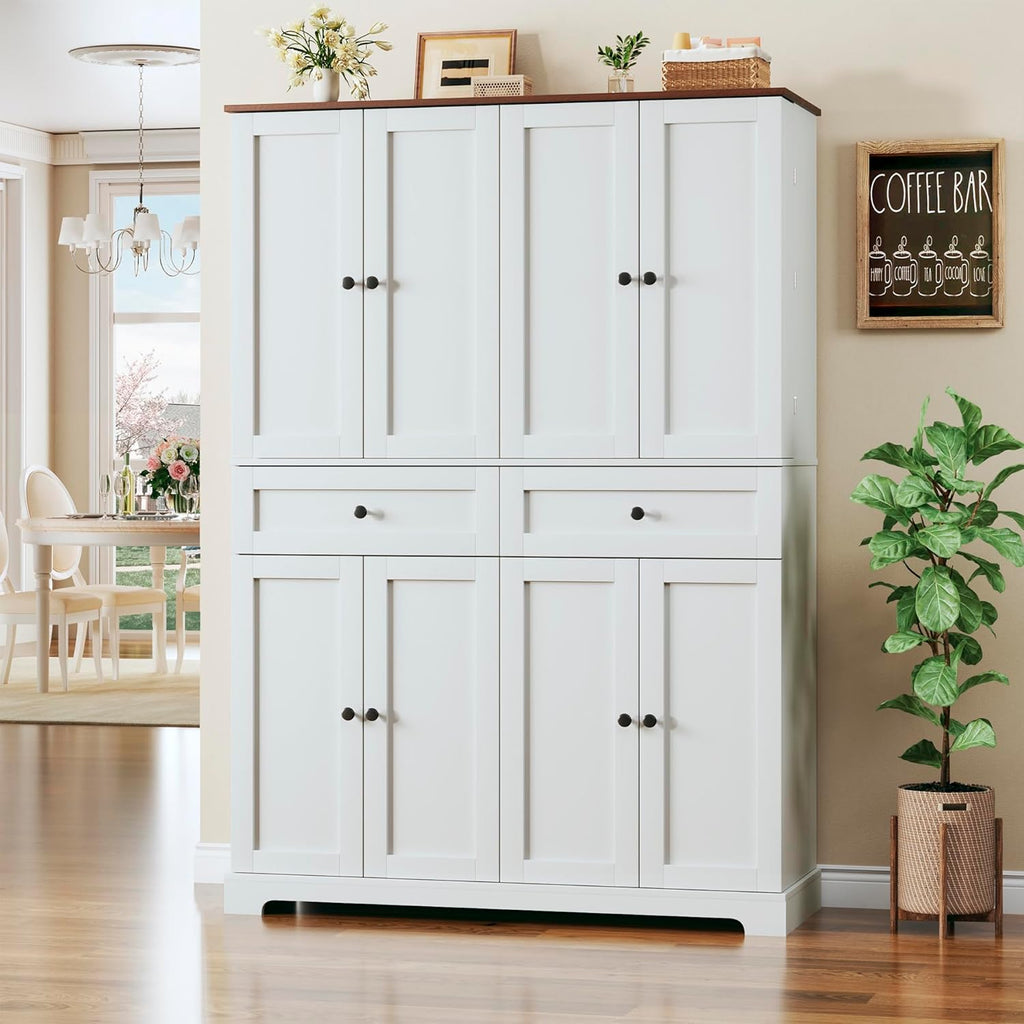 HUAHUU 71" Kitchen Pantry Cabinet with 6 Door Shelves, Tall Pantry Storage Cabinet with 8 Doors & 4 Adjustable Shelves, Modern Kitchen Pantry with 2 Large Drawers for Dining Room, Living Room, White