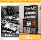 5-Tier Metal Record Player Stand, 55" Tall Vinyl Record & CD/DVD Rack, Black Media Cabinet CD Storage Cabinet for Living Room, Music Room or Studio - Easy Assembly