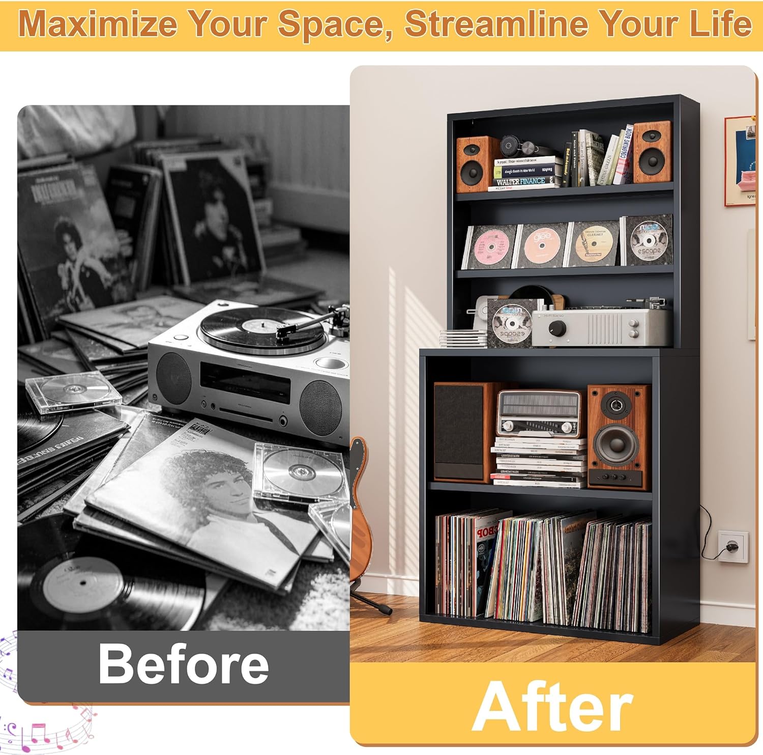 5-Tier Metal Record Player Stand, 55" Tall Vinyl Record & CD/DVD Rack, Black Media Cabinet CD Storage Cabinet for Living Room, Music Room or Studio - Easy Assembly