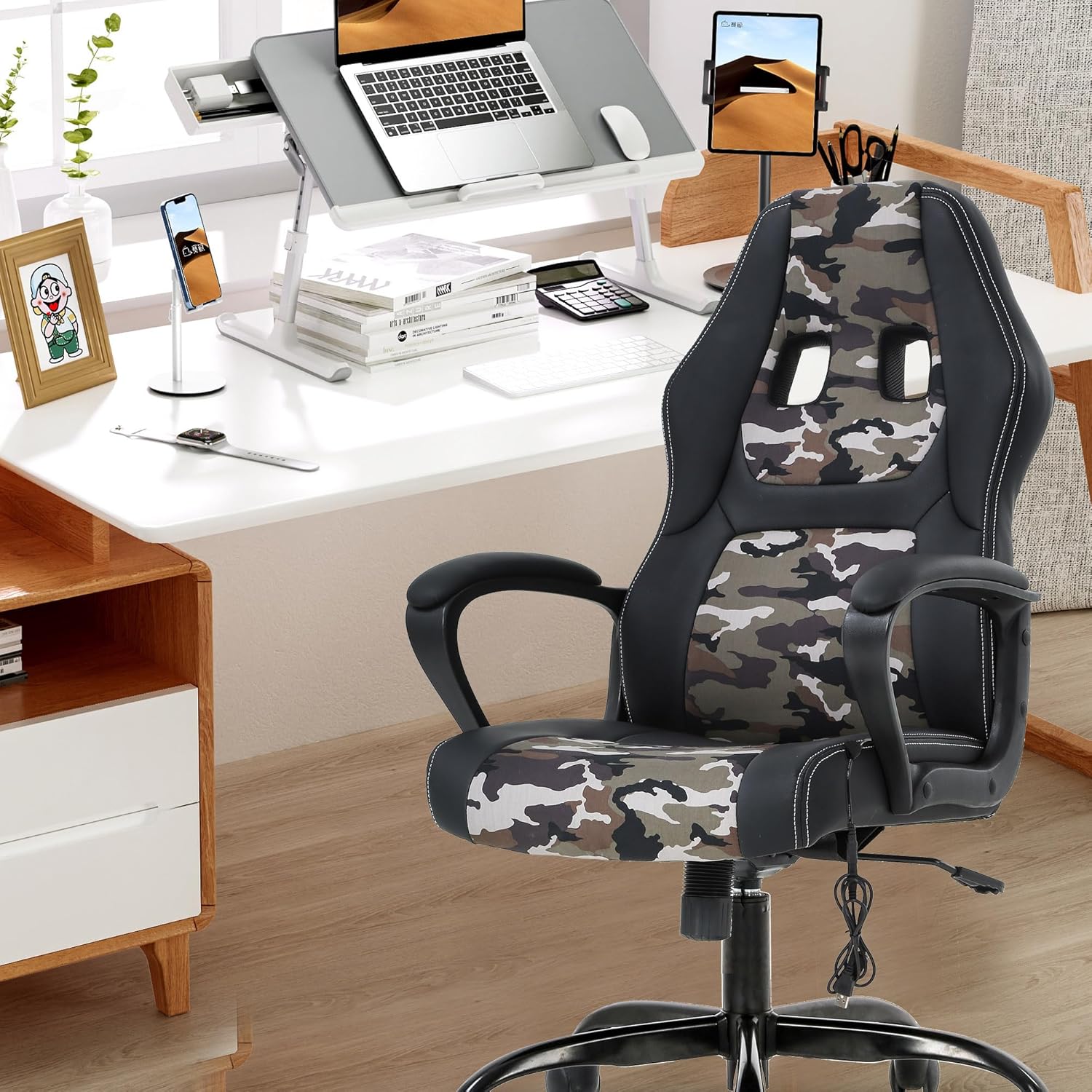 PayLessHere Gaming Chair Ergonomic Office Chair Computer Chair with Lumbar Support Ergonomic Pu Leather Adjustable Height Executive Chair for Women Men and Adults (Massage, Camo)