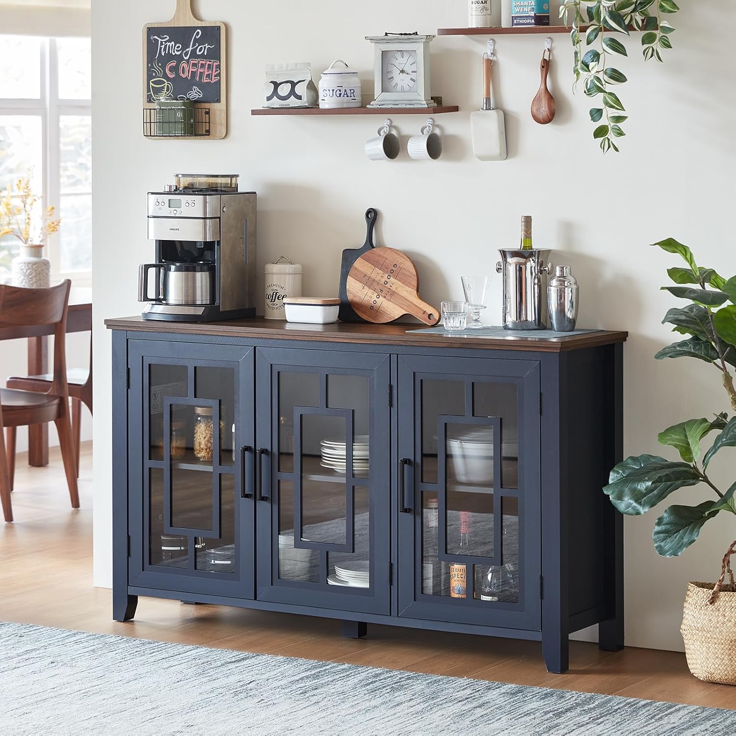 Joaxswe Large Sideboard Buffet Cabinet with Storage, 55" Farmhouse Kitchen Coffee Wine Bar Cabinet with 3 Glass Doors, Wood Mid Century Modern Side Board Table for Dining Room, Living Room,Navy Blue