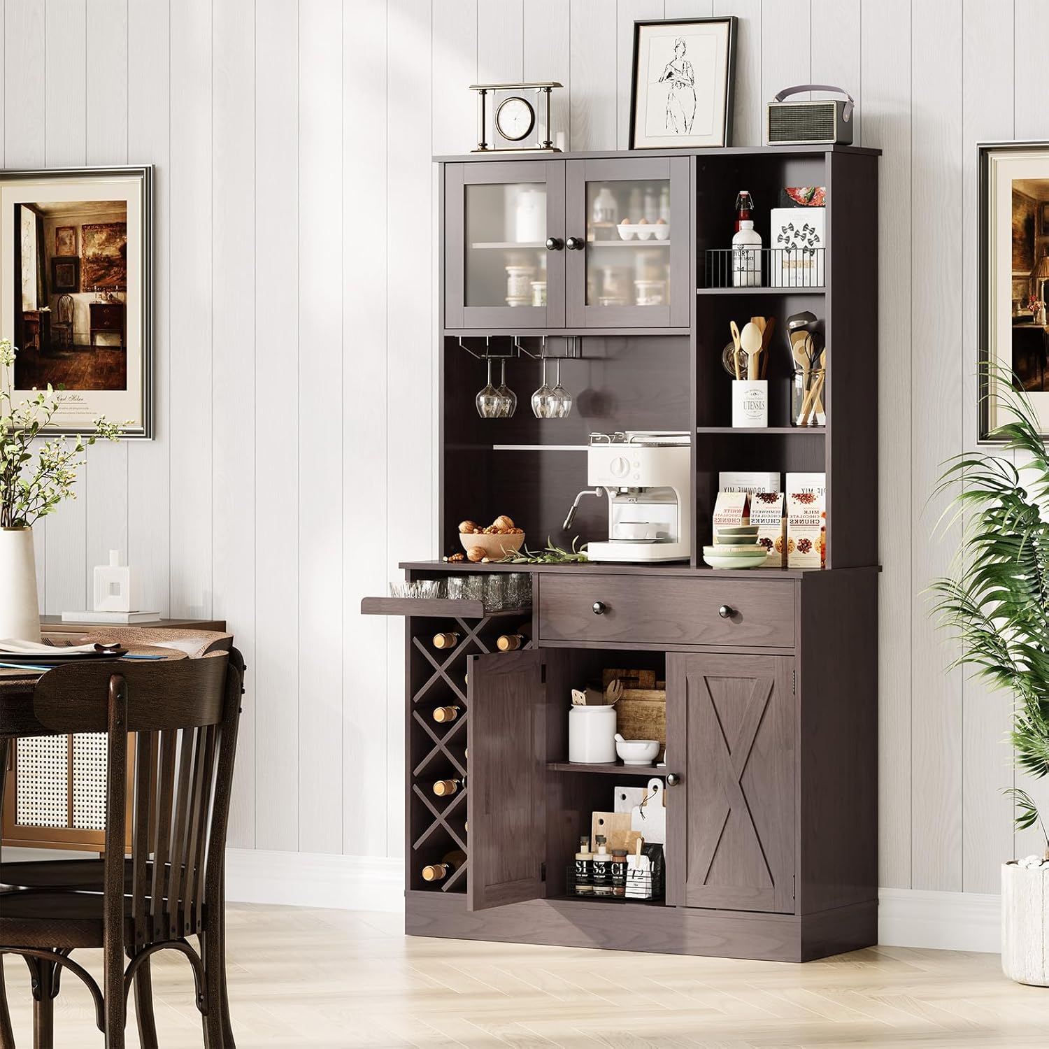 72" Tall Kitchen Pantry Cabinet with Power Outlet & Wine Rack - Farmhouse Sliding Barn Door Coffee Bar Cabinet with Storage Drawers & Adjustable Shelves, Sideboard Buffet for Dining Room, Home Bar