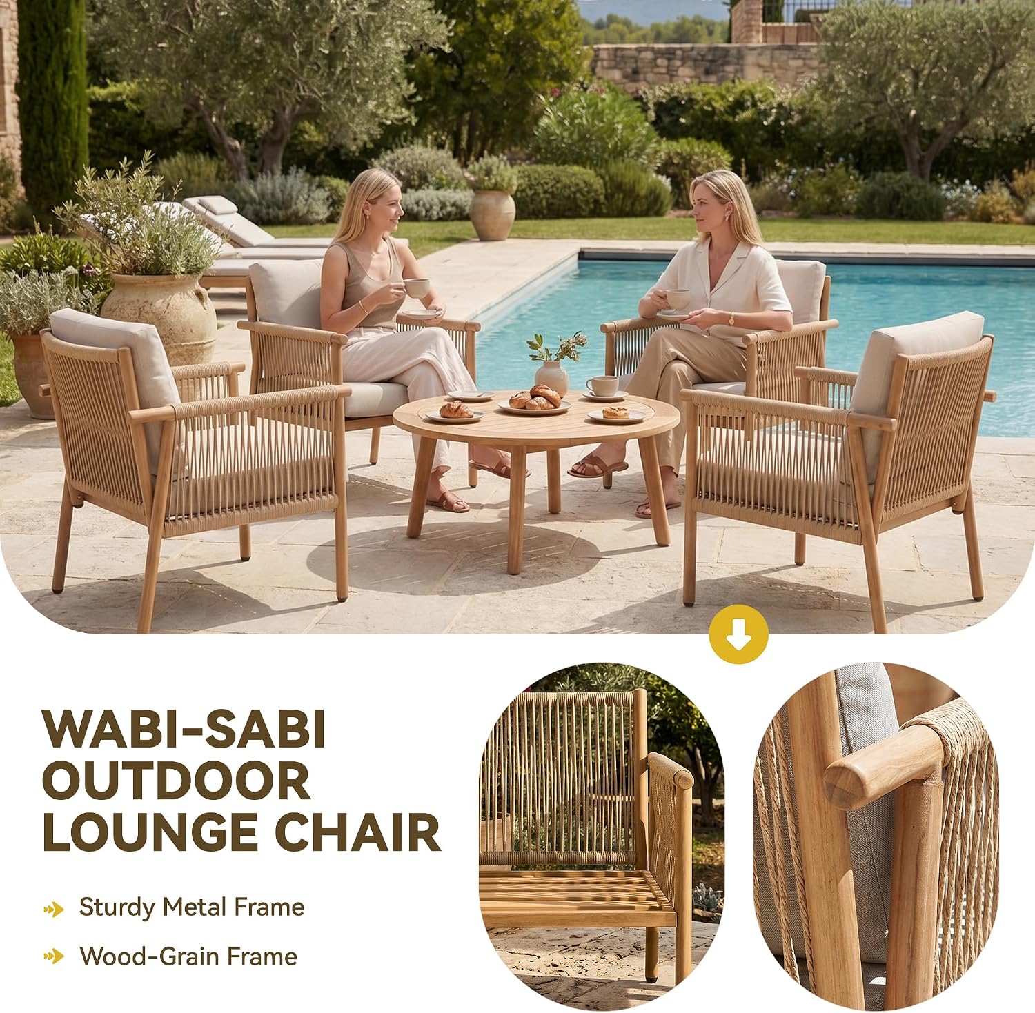 Outdoor Accent Chair, Patio Lounge Chair Set of 2, Hand-Woven Rope with Waterproof Cushions, All-Weather Patio Accent Chairs for Garden, Balcony, Poolside, Grey+Mocha Rope