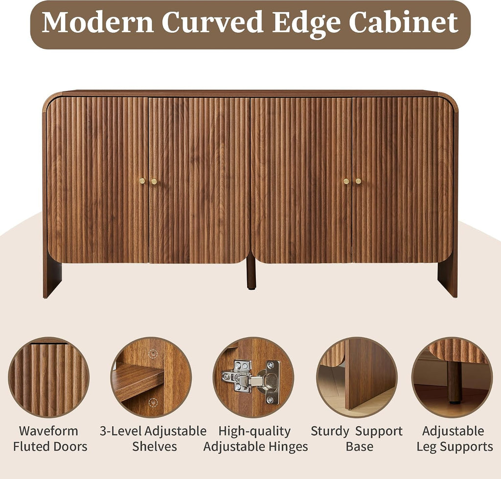 59” Large Buffets Sideboard Cabinet with Storage, Fluted Curved Credenza Buffet Table Storage Cabinet with 4 Doors, Modern Wood Accent Console Table Coffee Bar for Living Room Kitchen Hallway, Walnut