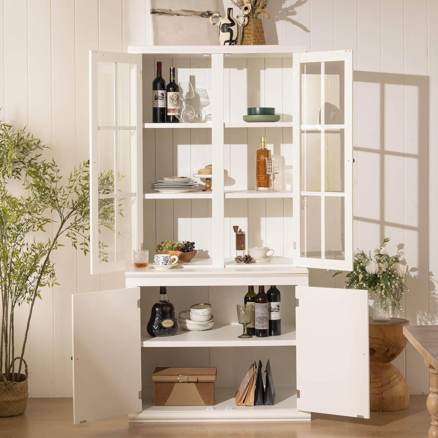 Virubi 75'' Tall China Hutch Cabinet with Glass Doors, Kitchen Pantry Storage with Adjustable Shelves, Coffee Bar Hutch for Kitchen Living Room Bar, White