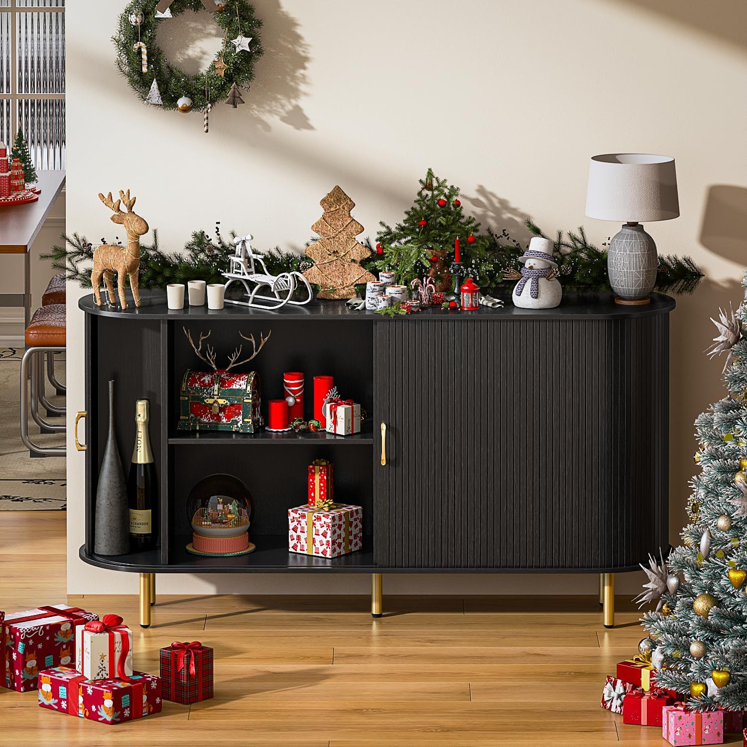 TAVATA Sideboard Buffet Cabinet with Storage, 55" Fluted Storage Cabinet with Tambour Sliding Doors, Wood Coffee Bar Console Table for Living Room Hallway Entryway (Black)