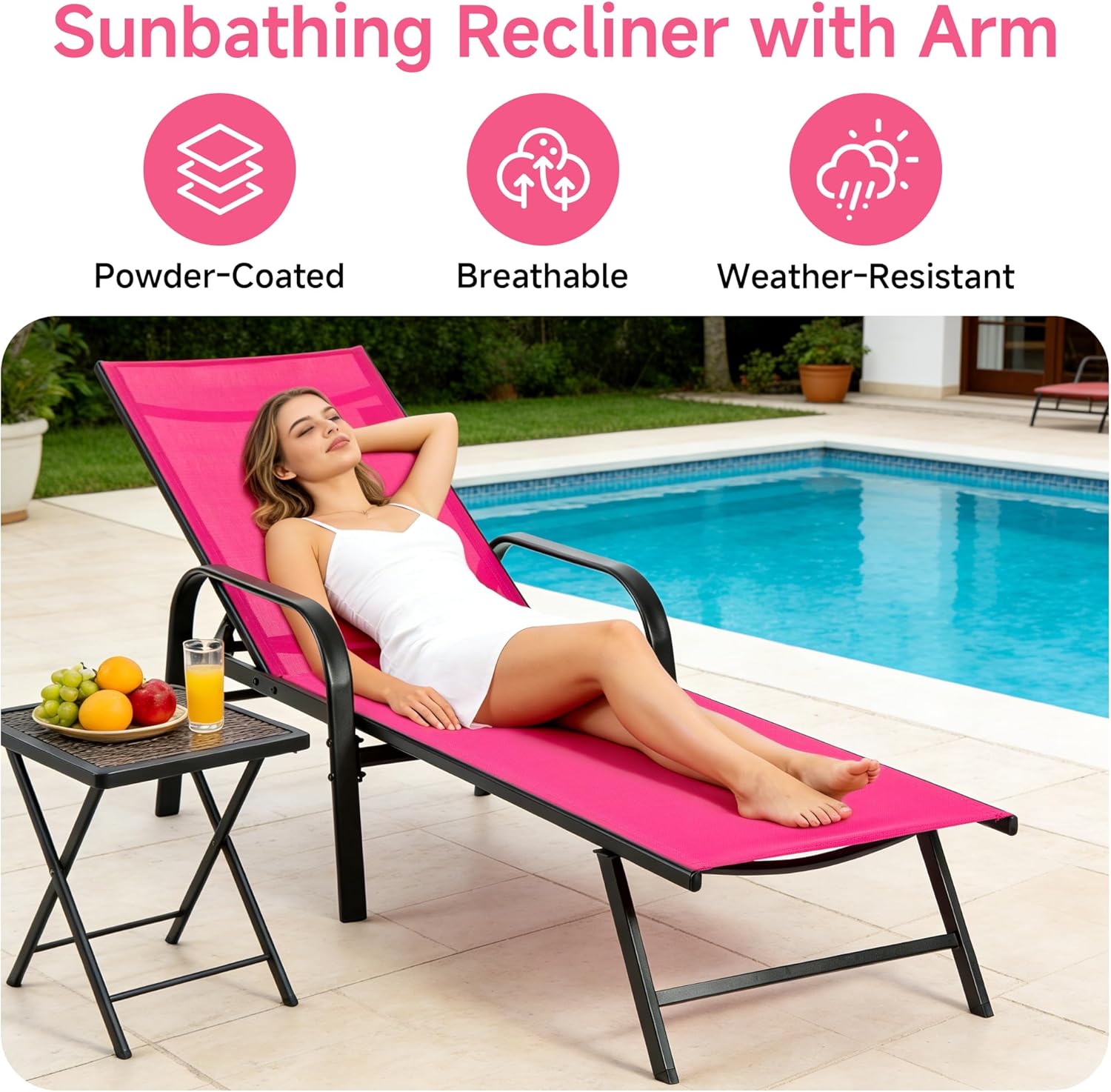 NEWBULIG Outdoor Lounge Chair for Pool,with 5-Position Recliner, 350 lbs Heavy Duty Patio Pool Chair, Outdoor Sun Chairs with Metal Frame for Backyard, Deck, Pink
