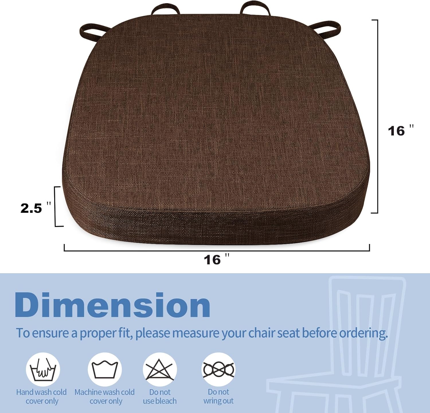 BUYUE Thickened 2.5" Friendly Woven Fabric Dining Chair Cushion, U-Shape High Density Foam Comfortable Chair Pad for Kitchen, Slip Resistant Indoor Seat Cushion (1 Piece, Chocolate)