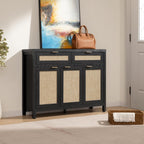 SICOTAS Rattan Sideboard Buffet Cabinet with Storage, Boho Credenza Accent Cabinet with 3 Doors and 2 Drawers, Farmhouse Console Coffee Bar Cabinets for Living Room Kitchen Entryway, Black Oak, 2 PCS