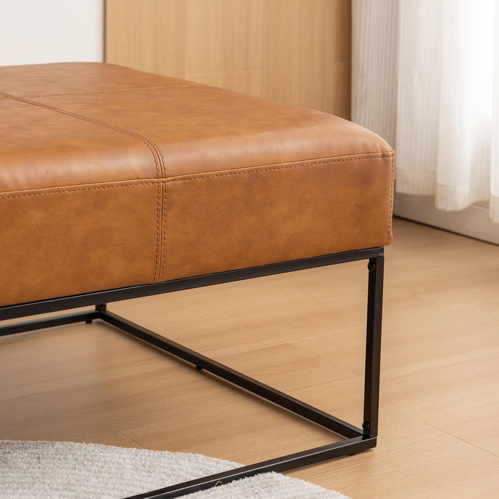 Modern Square Coffee Table, Farmhouse Ottoman for Living Room, Large Vintage Leather Coffee Tables with Faux Leather Upholstered Padded Seat [Square, Vintage Brown, 30'']