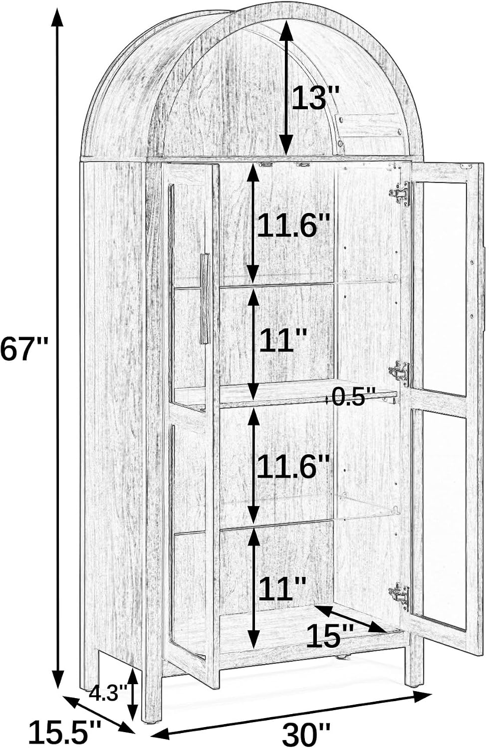 JIJIWANG Tall Wooden Arched Cabinet,LED Arched Kitchen Pantry Cabinet with Doors & Shelves,Modern Retro-Style Wooden Storage Cabinets with Adjustable Glass Partitions for Dining Room,Brown