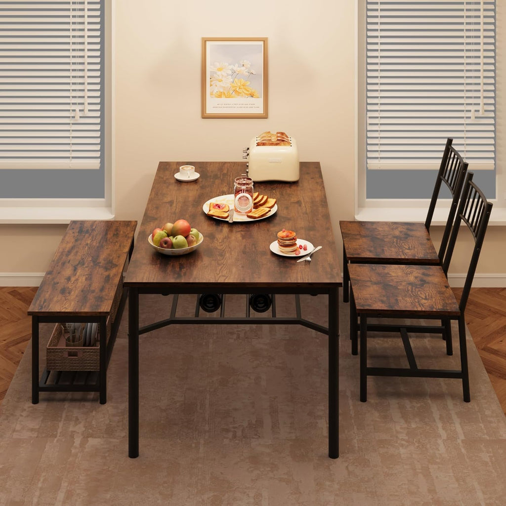 Garvee Dining Table Set for 4 with Bench and Chairs, 4-Piece Kitchen Table Set with Storage – Space-Saving Dining Table for Apartments and Dining Rooms, Brown