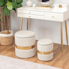 Joveco Round Storage Ottoman Set of 2, Velvet Upholstered Foot Rest Stool Vanity Footsool for Living Room, Bedroom, Light Beige