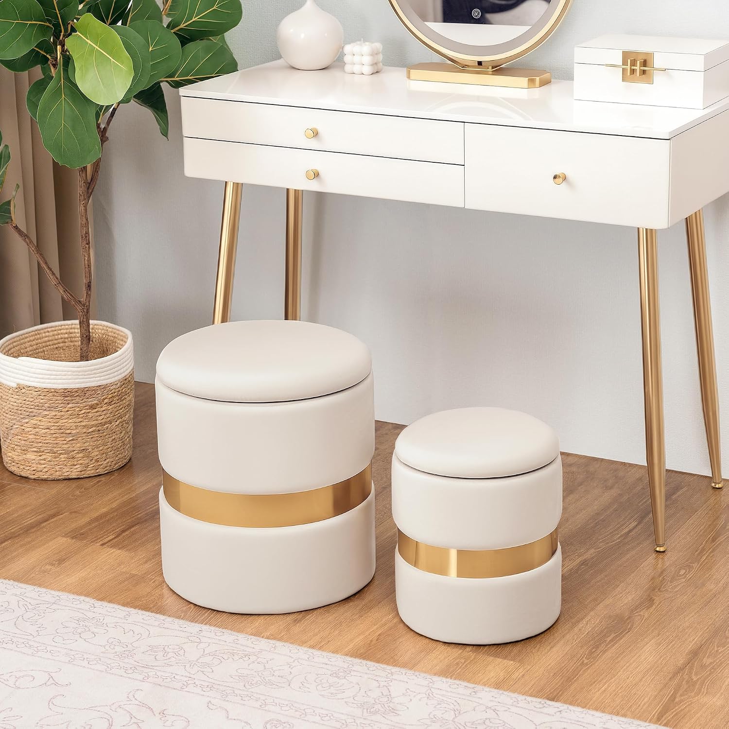 Joveco Round Storage Ottoman Set of 2, Velvet Upholstered Foot Rest Stool Vanity Footsool for Living Room, Bedroom, Light Beige