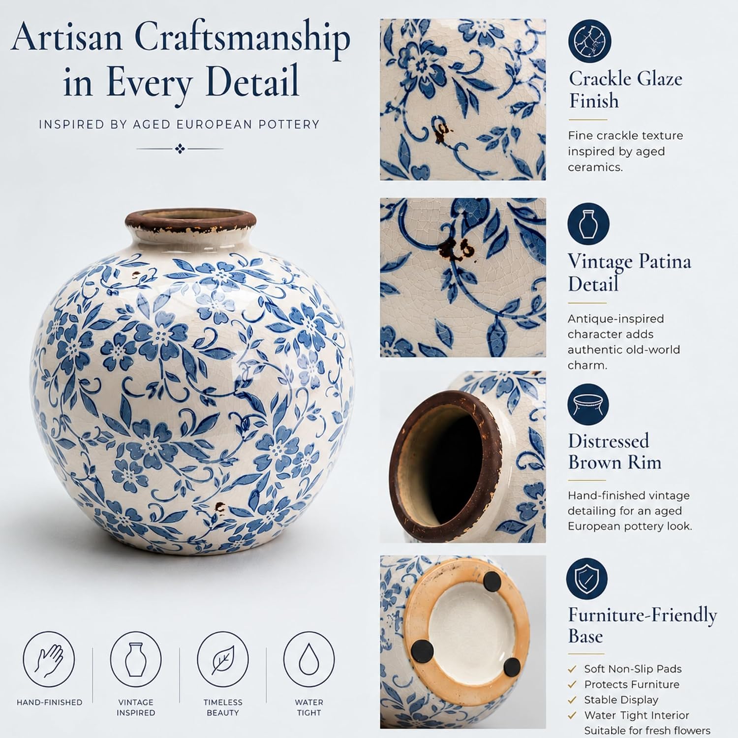 Blue and White Ceramic Vase 8”, Vintage Decorative Pottery Floral Vase for Hydrangeas, Crackle Glaze Chinoiserie Vase for French Country Rustic Farmhouse Coffee Table & Mantel Decor
