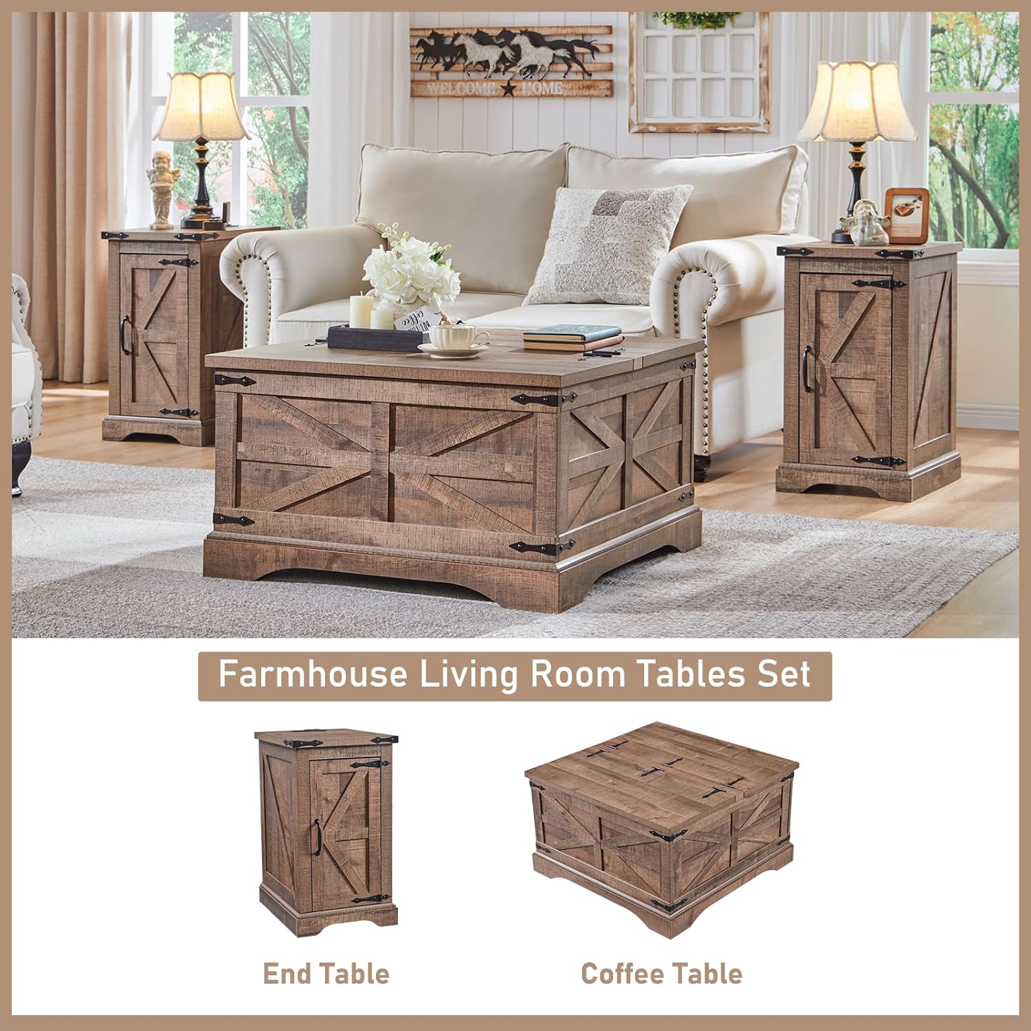JXQTLINGMU Farmhouse Nightstand Set of 2 with Charging Station, 17"D Rectangular End Table with Barn Door & Adjustable Storage Shelf, Wood Rustic Sofa Side Table for Living Room, Bedroom, Light Brown