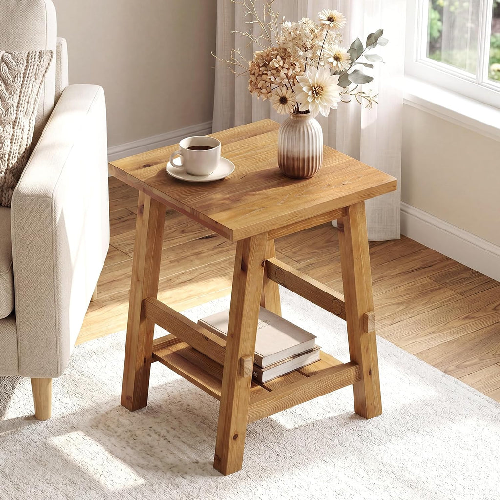 Solid Wood Square Side Table, 2 -Tier Farmhouse End Table, Nightstands with Shelf Storage for Living Room, Bedroom, Office and Small Spaces, Rustic Brown