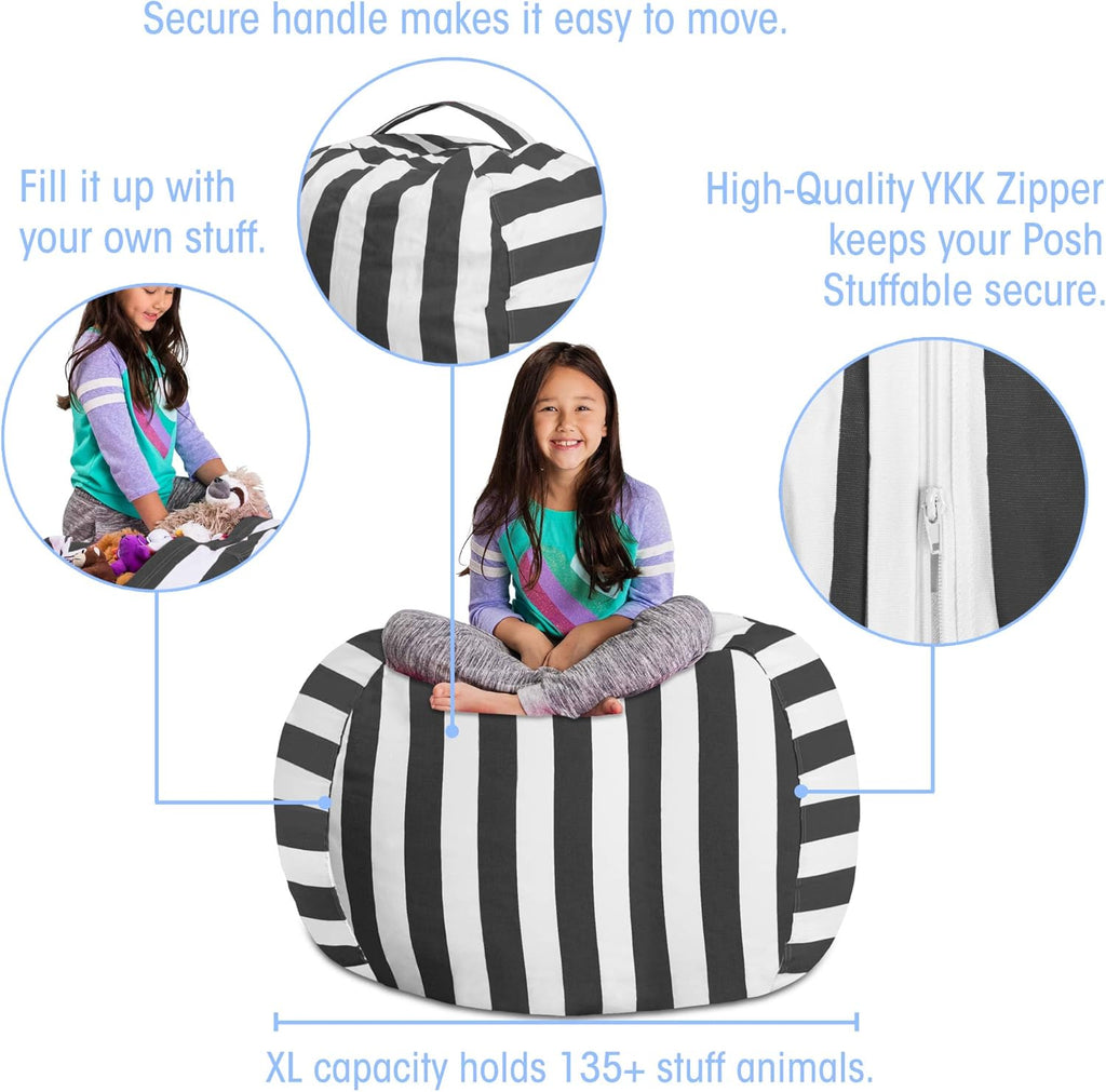 Posh Stuffable Kids Stuffed Animal Storage Bean Bag Chair Cover - Childrens Toy Organizer, X-Large 48" - Canvas Stripes Gray and White