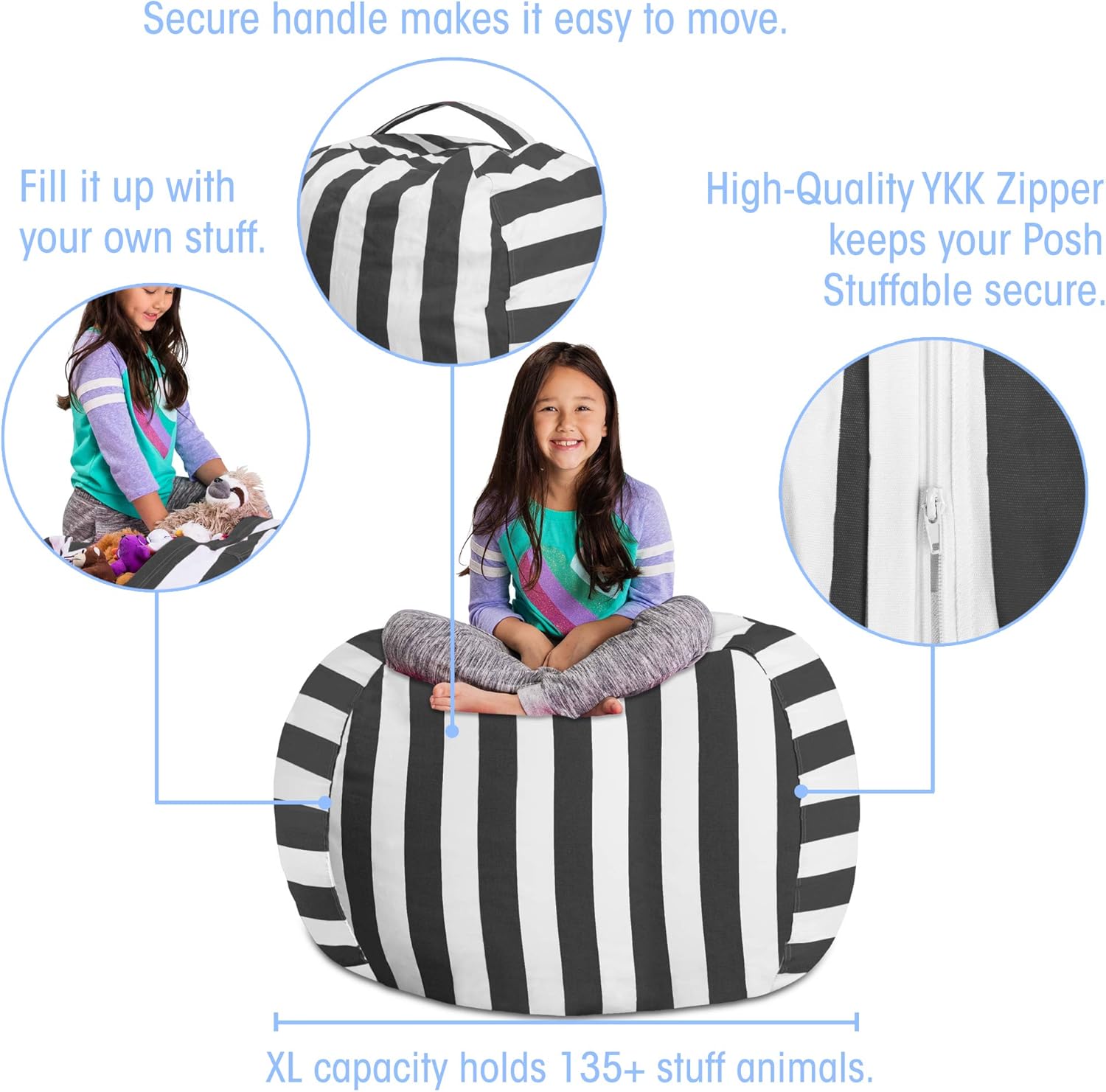 Posh Stuffable Kids Stuffed Animal Storage Bean Bag Chair Cover - Childrens Toy Organizer, X-Large 48" - Canvas Stripes Gray and White