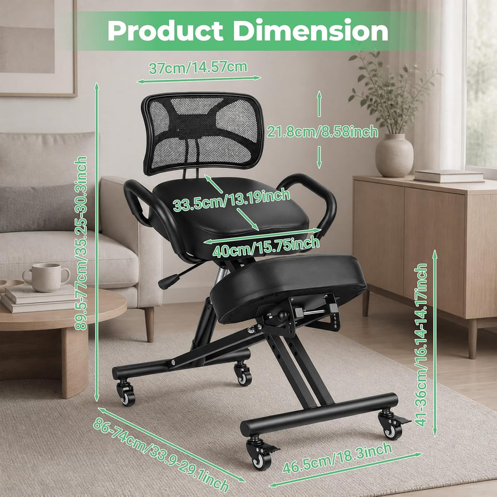 Adjustable Ergonomic Kneeling Chair, Rolling Knee Chair with Backrest and Brake Casters, Posture Support Office Chair for Home Office, Computer Desk, Study Room and Creative Workspaces