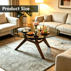 Glass Coffee Table - Round Coffee Table with Clear Tempered Glass Top, Modern Low Minimalist Center Table, Sturdy Solid Wood Coffee Table for Living Room Home Office, Walnut