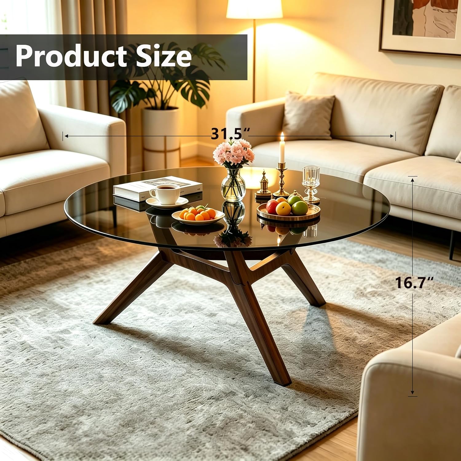 Glass Coffee Table - Round Coffee Table with Clear Tempered Glass Top, Modern Low Minimalist Center Table, Sturdy Solid Wood Coffee Table for Living Room Home Office, Walnut