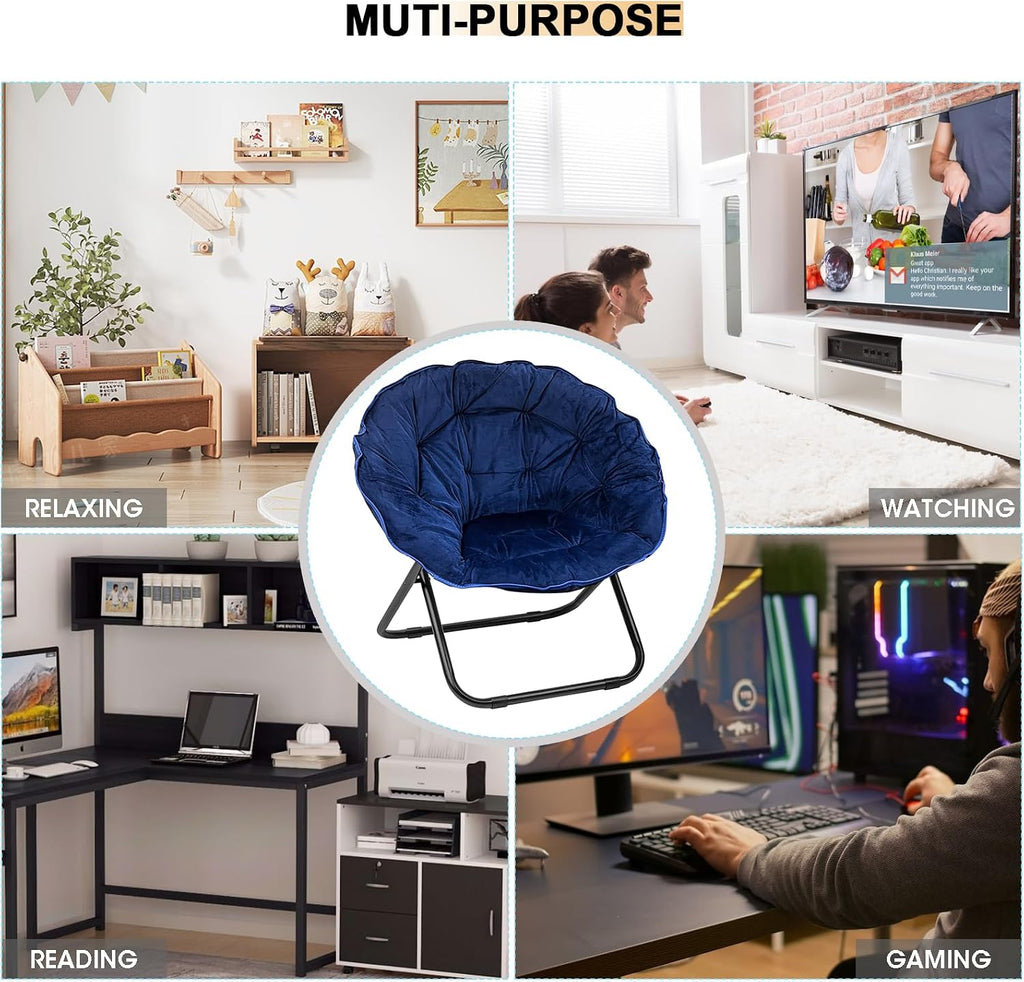 Saucer Chairs for Adults, Foldable Circle Moon Chair for Bedroom, Living Room, Faux Fur Round Chairs for Dorm and Apartment (Blue)