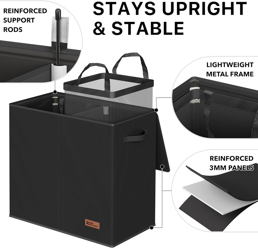 Simple Houseware Double Laundry Hamper with Lid and Removable Bags, Black