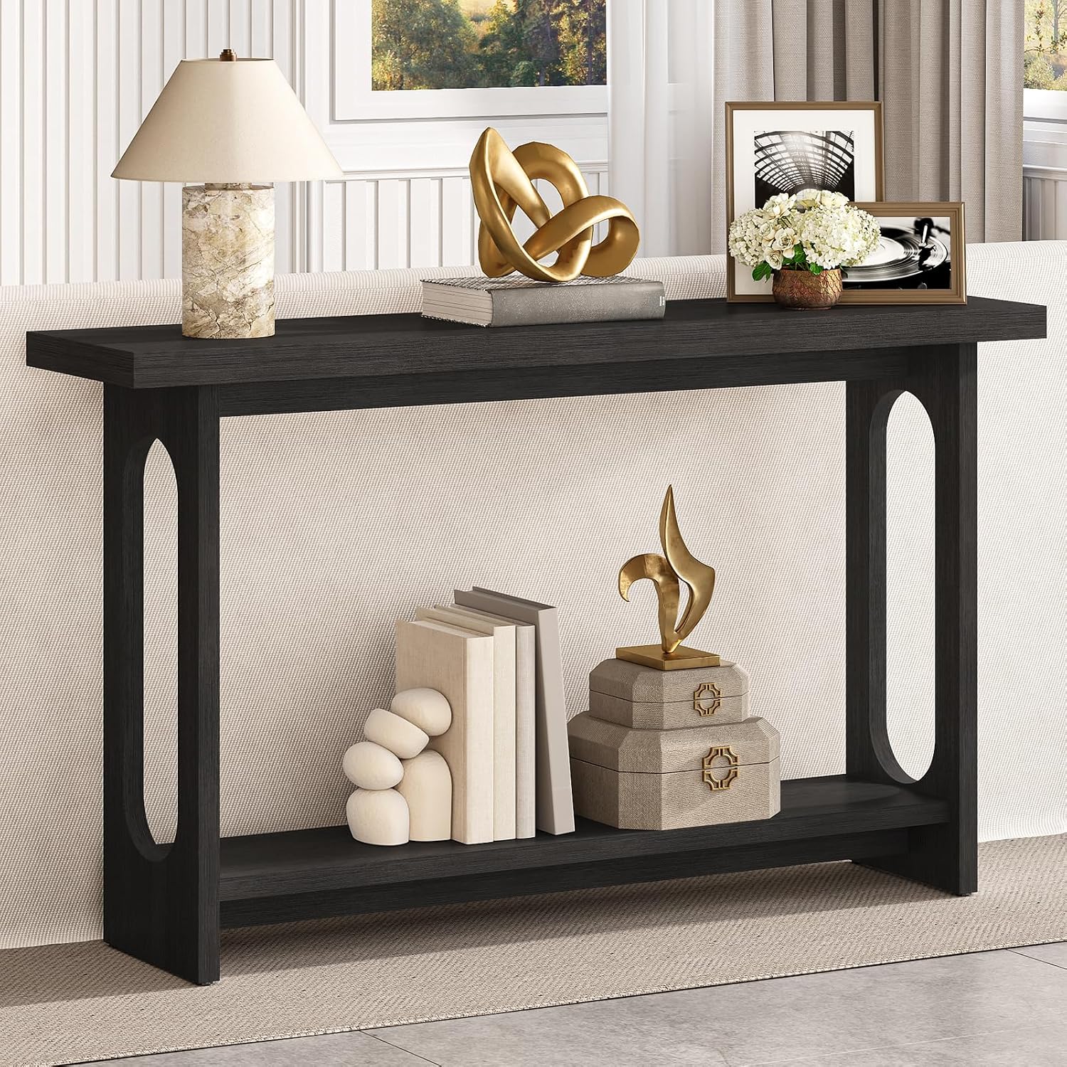 Black Console Table, 55‘’ Wood Entryway Table Narrow Sofa Tables Hallway Tables for Living Room, Entryway, Foyer