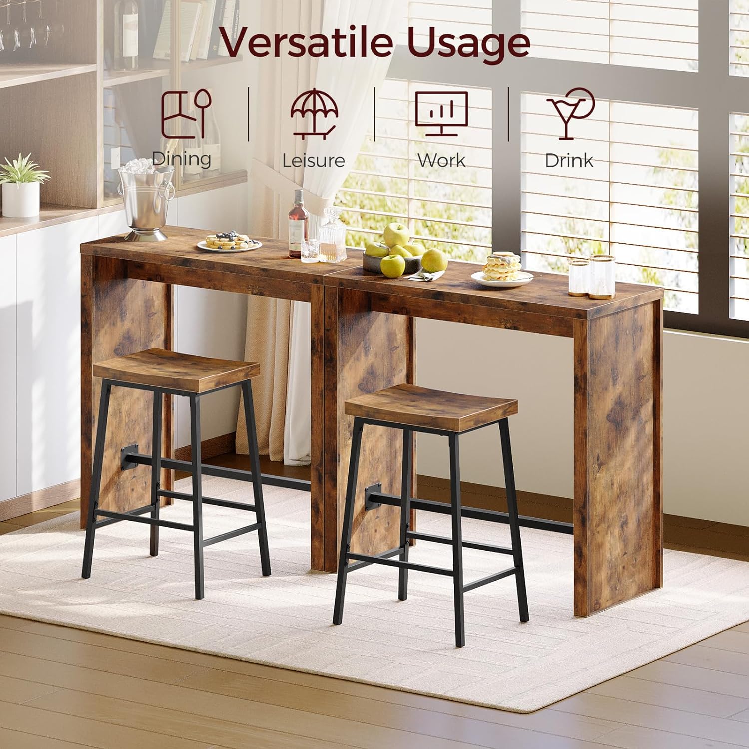 MAHANCRIS Bar Table, 35.4" Counter Height Pub Table, Industrial Rectangular Hightop Table, Kitchen Dining Bar Height Tables with Footrest, for Narrow Space, Rustic Brown and Black （Only Table）BTHR1901