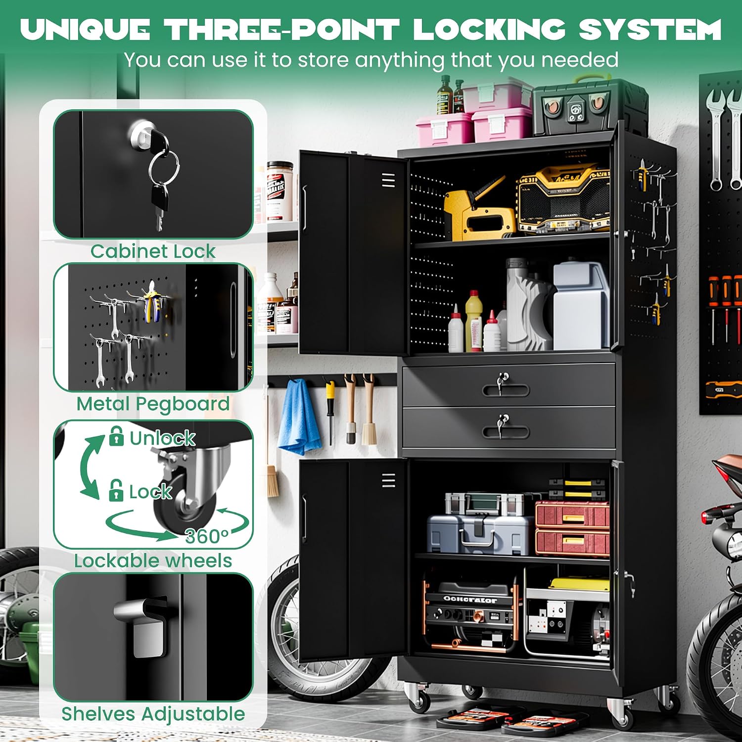 Garage Wall Cabinet, Wall Mounted Cabinet with Up-flip Door and Adjustable Shelf for Garage, Tool Room, Kitchen, Assembly Required (Black, 71''H-2 Doors & 2 Drawer)