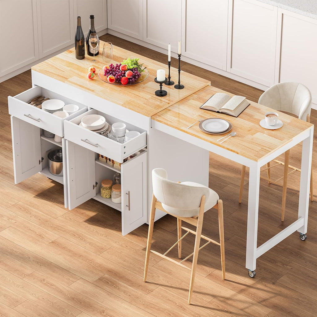 OtterOasis 78" Rolling Kitchen Island with Extendable Dining Table, Mobile Island with Storage for 2, Farmhouse Wood 4-Door Cabinet for Kitchen & Dining Room, White