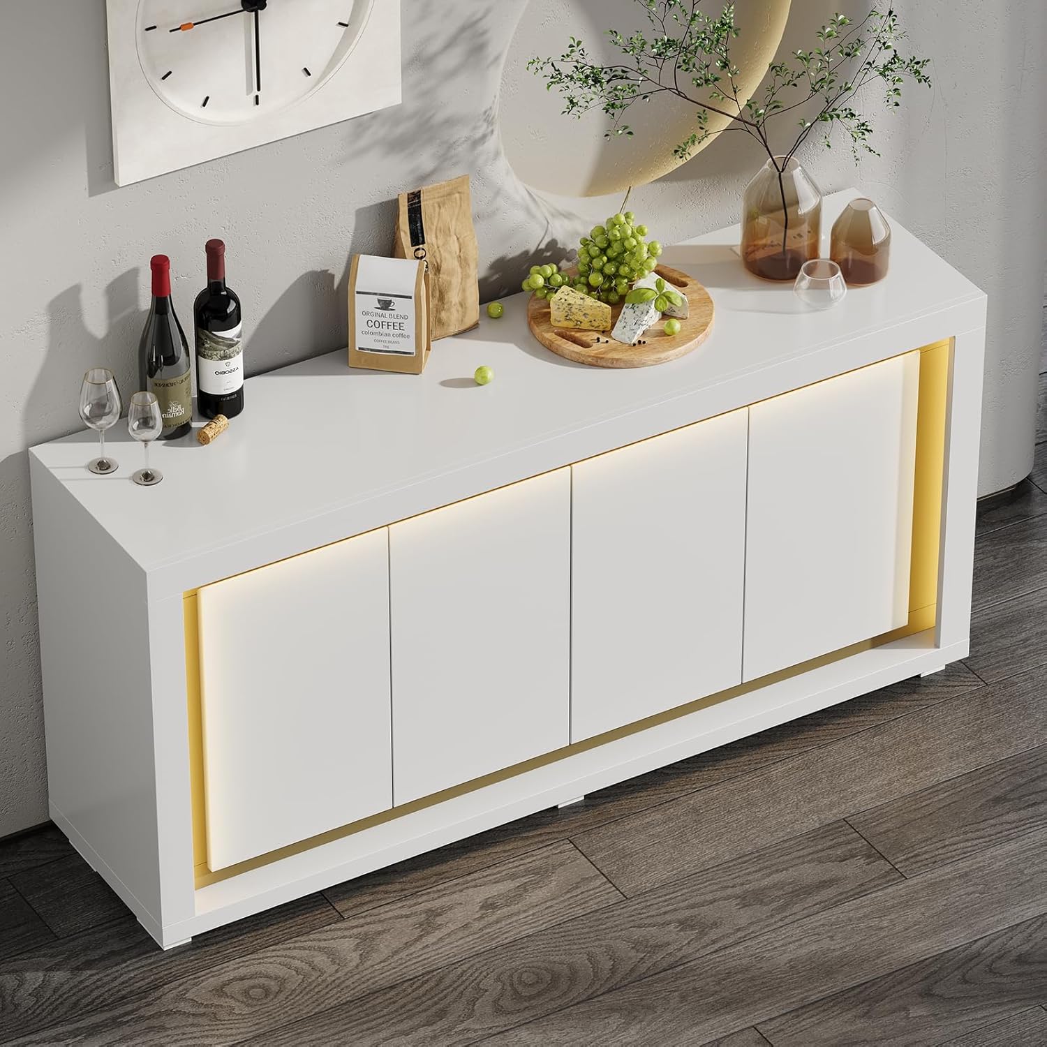63"Sideboard Buffet Cabinet,Kitchen Buffet Storage Cabinet with Power Outlets & LED Light, Modern Storage Cabinet with 4 Doors,Coffee Bar Console Wine Bar for Living Room,Kitchen,Hallway (White)