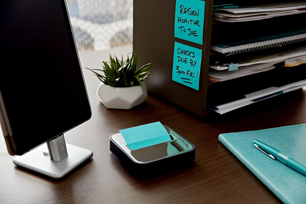Post-it Note Dispenser with Post-it Pop-up Notes, Black Base with Steel Top, 1 Aqua Splash 3 in. x 3 in. Super Sticky Note Pad, Classroom or Office Supplies