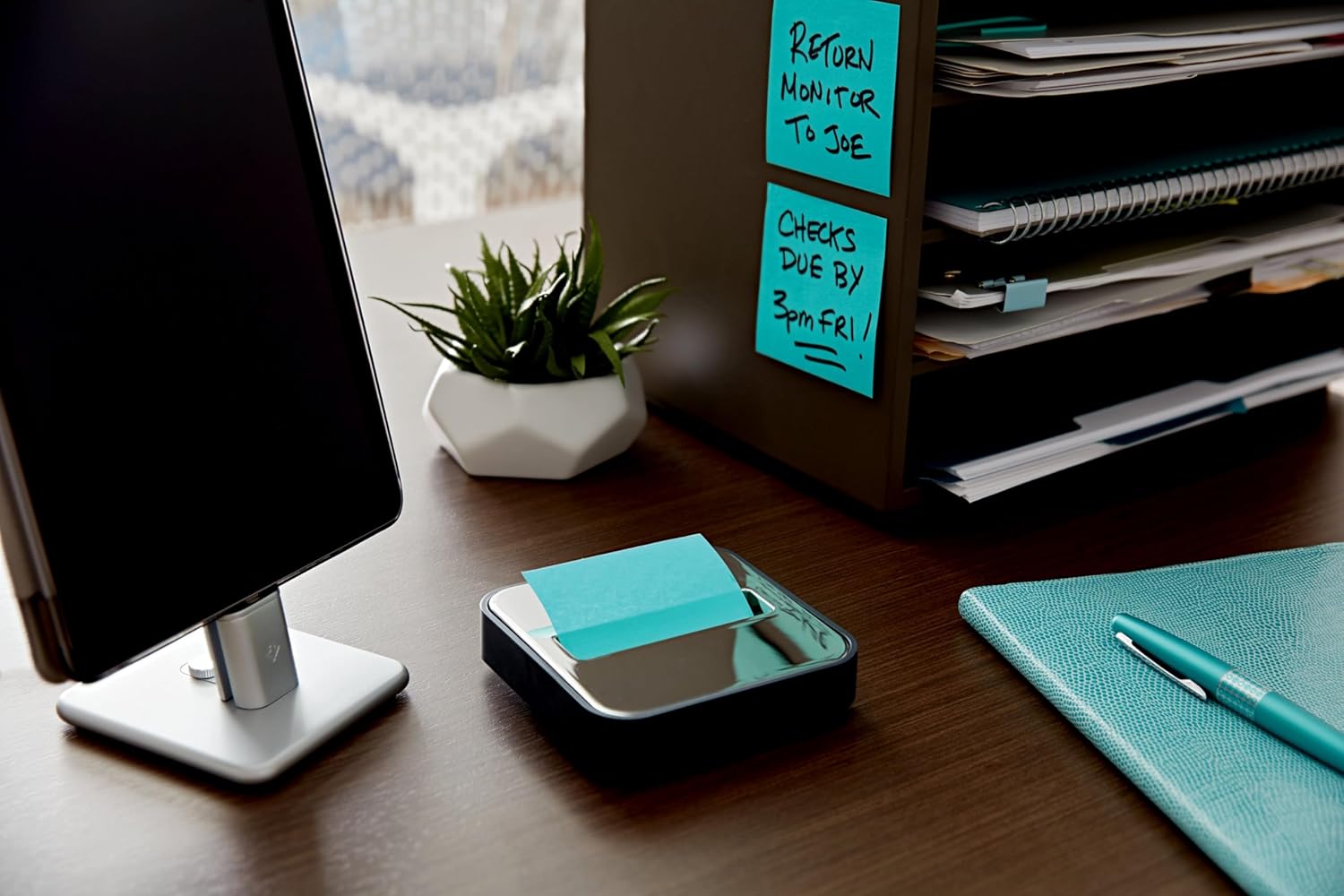 Post-it Note Dispenser with Post-it Pop-up Notes, Black Base with Steel Top, 1 Aqua Splash 3 in. x 3 in. Super Sticky Note Pad, Classroom or Office Supplies