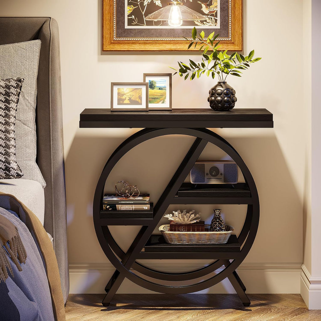 Tribesigns End Table for Living Room, 3-Tier Narrow Side Table with Storage, Wood Sofa Side Table with Geometric Metal Frame, Industrial Nightstand and Bedside Table for Bedroom, Black