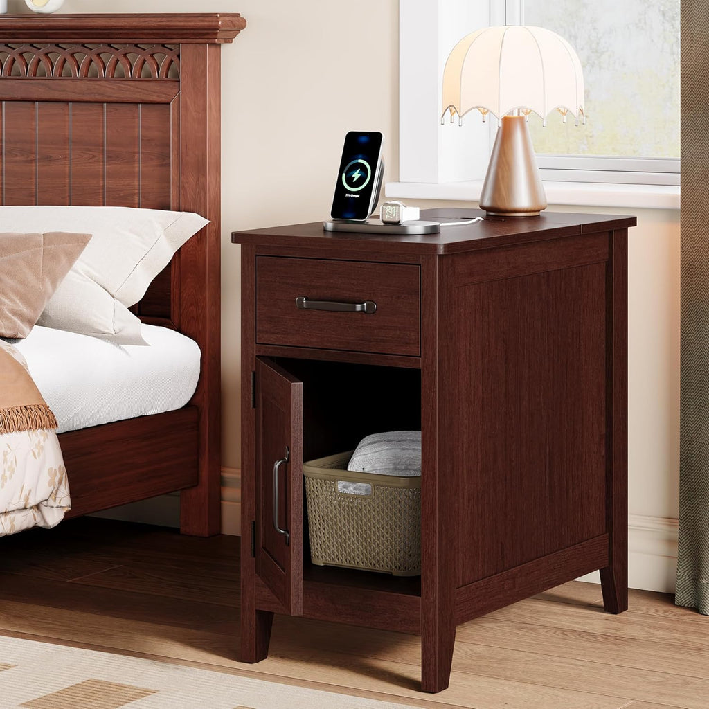 Side Table Set of 2 with Charging Station, 23.6" Tall End Table with Flip-Top Hidden Outlets & USB-C Port, Narrow Nightstand with Drawer and Storage Cabinet for Bedroom, Living Room,Small Spaces