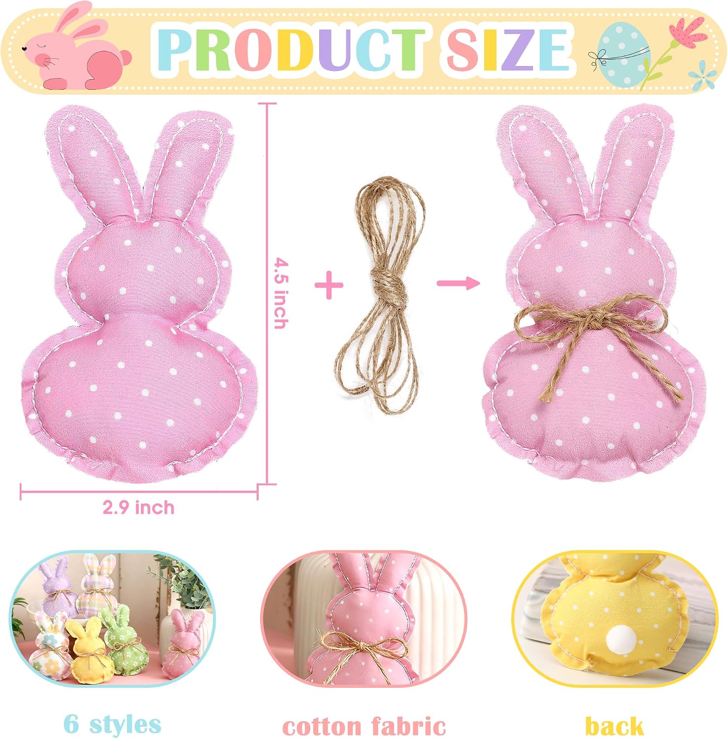 Easter Stuffed Fabric Bunnies - 6Pcs Handcrafted Fabric Bunnies for Tiered Trays - Spring Home Decor, Adorable Easter Stuffers for Basket Bowl Vase