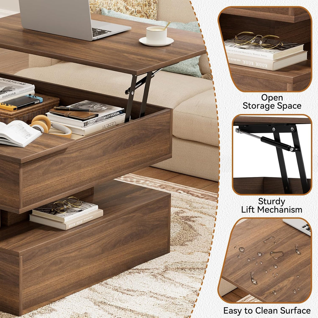FABATO Lift Top Coffee Table with Storage and Hidden Compartment, Wood Square Coffee Table for Living Room, 31.5'' Small Center Table with Open Display Shelf for Dining Reception Room, Walnut