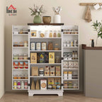 HOMCOM 47" LED Kitchen Pantry Cabinet, Farmhouse Storage Cabinet with 5 Deep Shelves and 12 Door Shelves, Freestanding Food Pantry with Barn Door, White