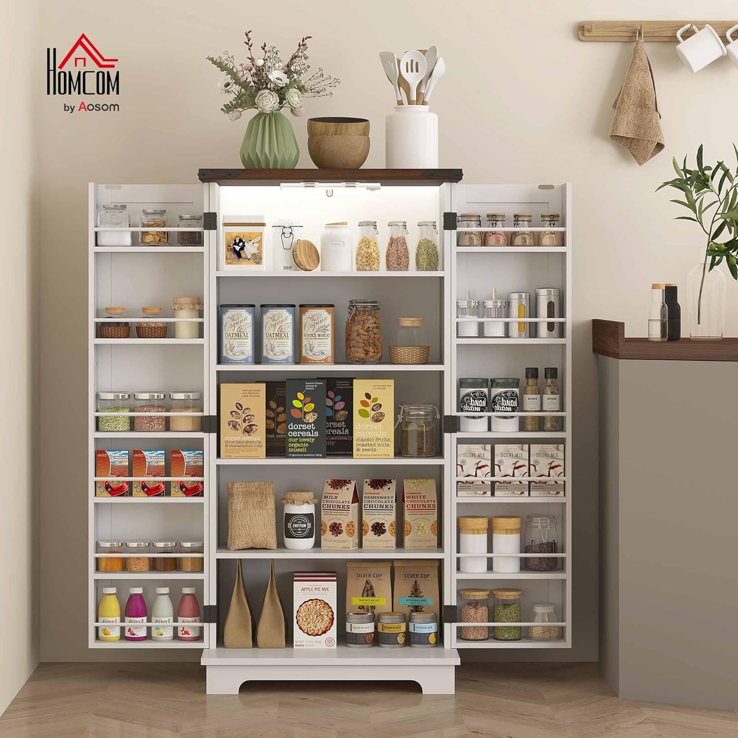HOMCOM 47" LED Kitchen Pantry Cabinet, Farmhouse Storage Cabinet with 5 Deep Shelves and 12 Door Shelves, Freestanding Food Pantry with Barn Door, White