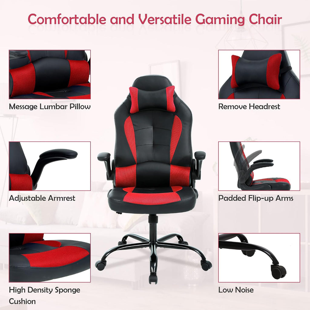 Adjustable Armrest PC Game Chair, Red, PU Leather Swivel Racing Style Chair with Lumbar Support, Ergonomic Rolling Office Desk Chair, High Back, 250 lbs Weight Capacity
