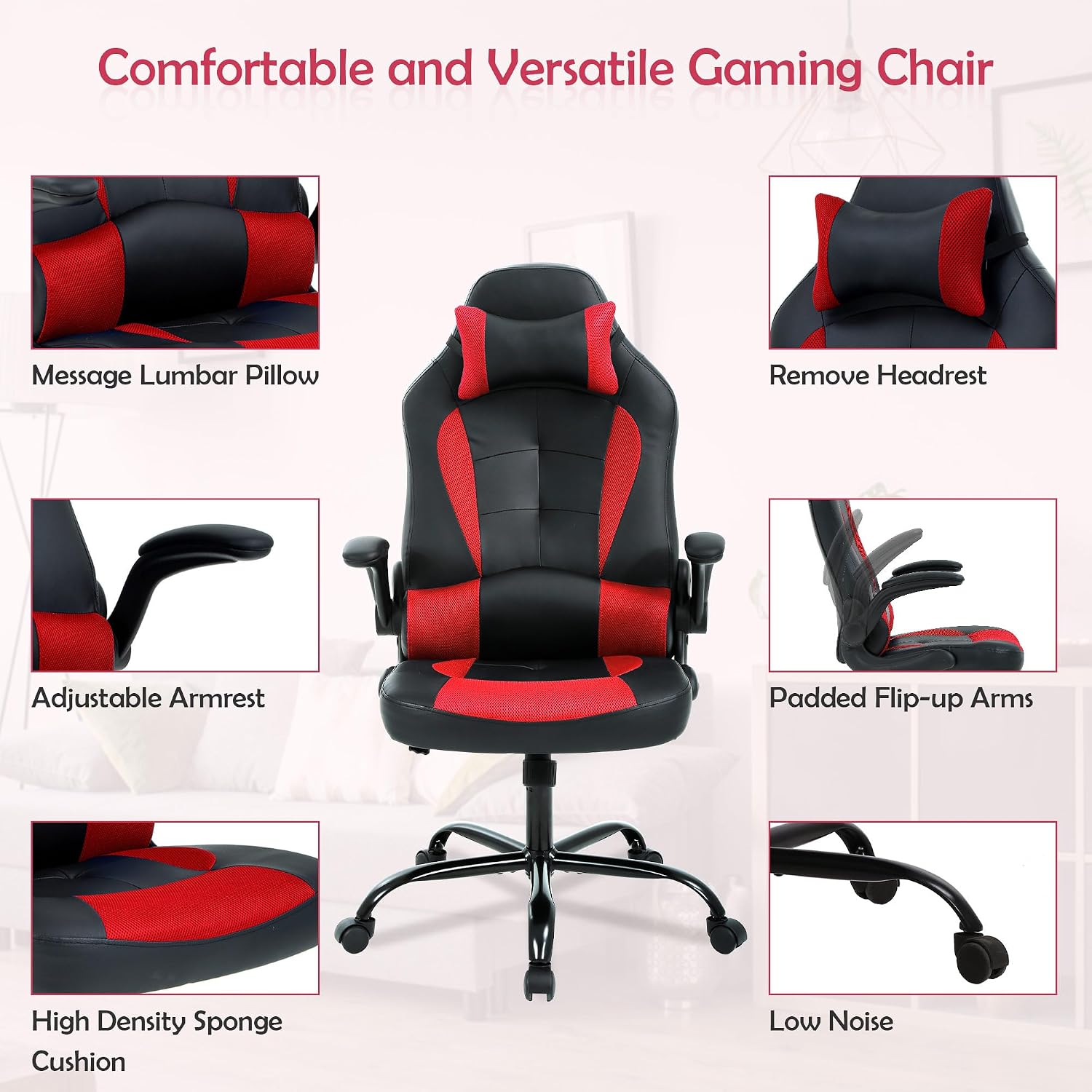 Adjustable Armrest PC Game Chair, Red, PU Leather Swivel Racing Style Chair with Lumbar Support, Ergonomic Rolling Office Desk Chair, High Back, 250 lbs Weight Capacity