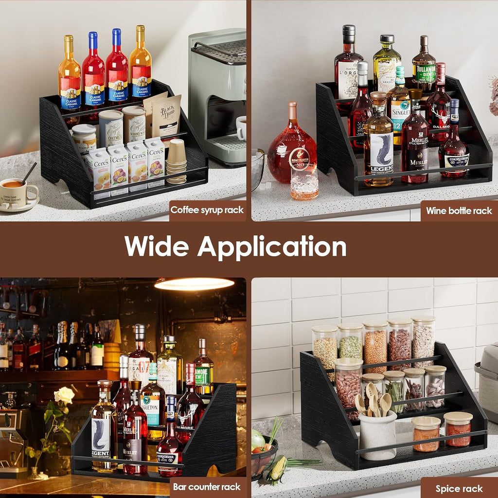 Nuovoware Coffee Syrup Rack, 3-Tier, Black | Hold 15 Bottles, Coffee Syrup Organizer with Side Handles, Countertop Storage with Iron Frame, Wooden Base
