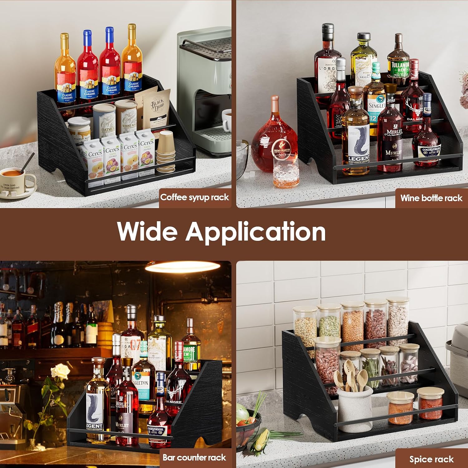 Nuovoware Coffee Syrup Rack, 3-Tier, Black | Hold 15 Bottles, Coffee Syrup Organizer with Side Handles, Countertop Storage with Iron Frame, Wooden Base